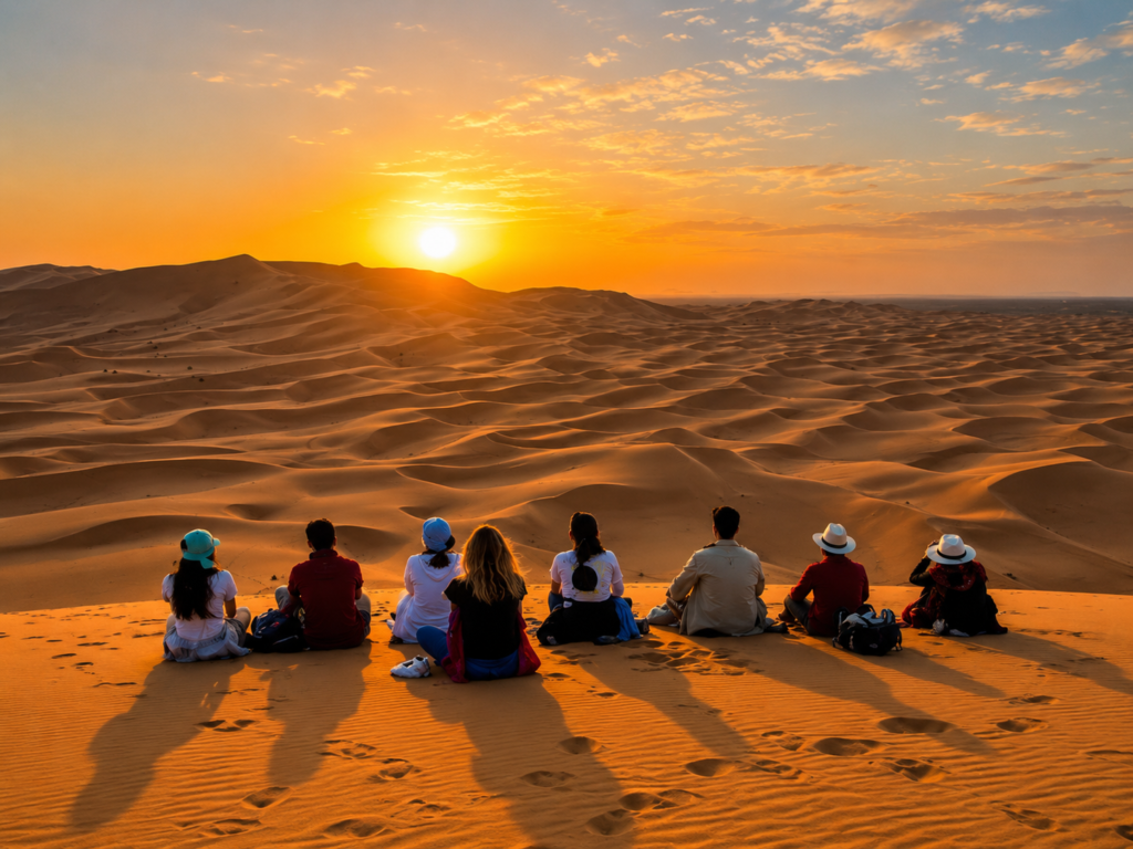 Sunrise yoga in Moroccan Sahara dunes